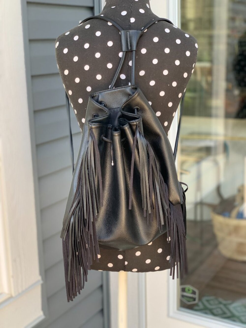 Victoria’s Secret Black Fringe Backpack Faux Leather Drawstring Bucket Bag Purse
